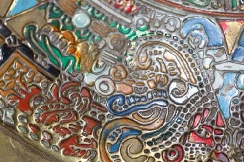 An awesome Mexican solid brass "Aztec/ Mayan" calendar display plate with enamelled detailing
