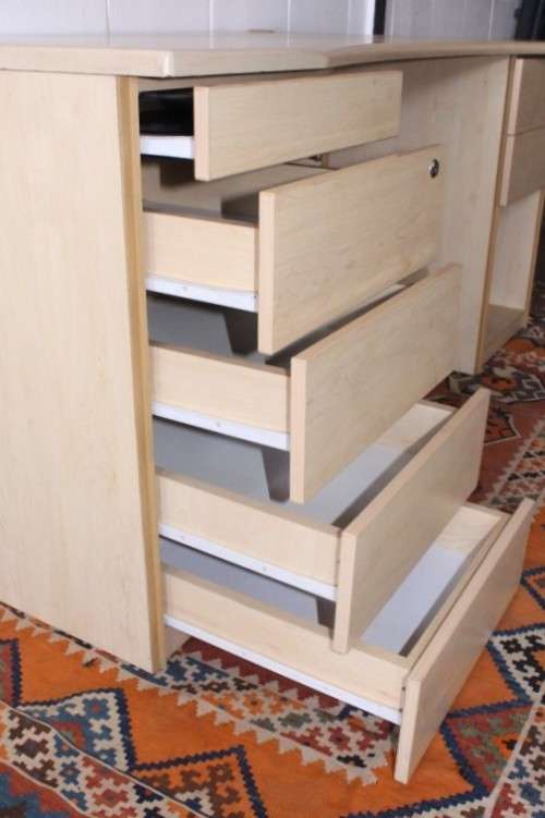A larger 7-drawer cedar-colour desk with cable holes and a stationary top-drawer tray-Lifespace Sale