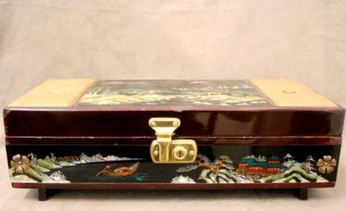 A gorgeous vintage Chinese jewellery box with a mirror, lock and key. Lovely on a dresser.