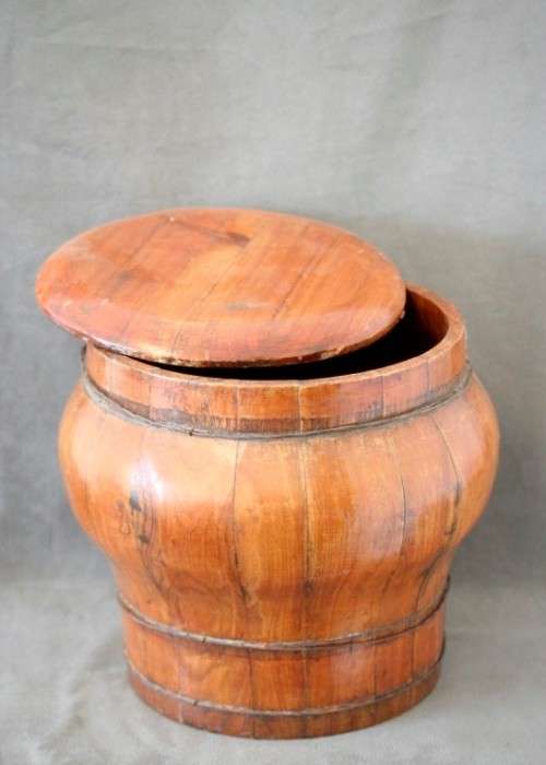 A fabulous large antique Chinese wooden lidded rice pot. Fabulous display piece!