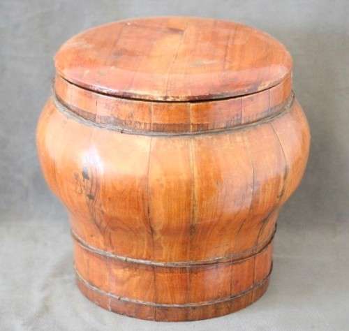 A fabulous large antique Chinese wooden lidded rice pot. Fabulous display piece!