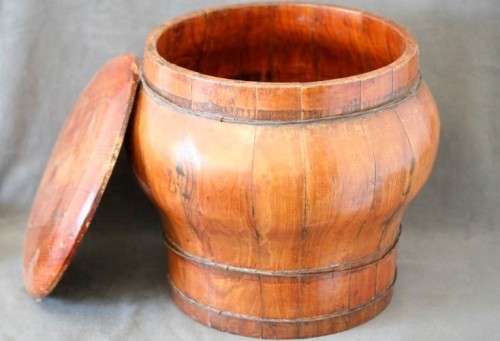 A fabulous large antique Chinese wooden lidded rice pot. Fabulous display piece!