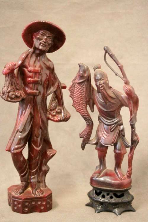 A pair of ornamental Chinese plastic figurines, a fisherman and veg seller, fabulous on display.