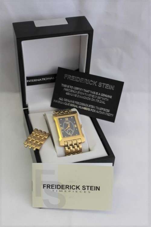 A classy original Frederick Stein "Excellence Diamond" gold plated gents wrist watch in its box