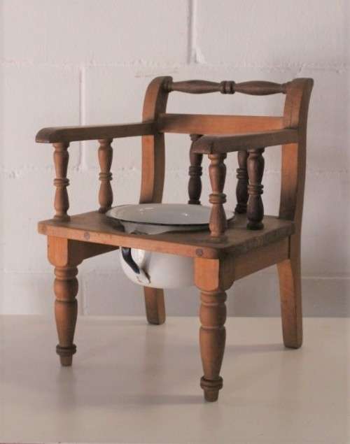 A rare antique Edwardian hand made wooden child's "potty seat" with enamelled potty Lifespace Sale