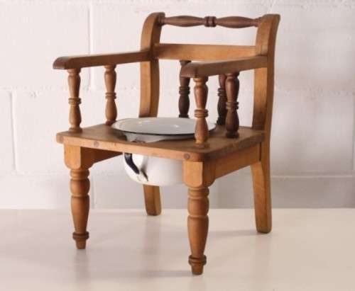 A rare antique Edwardian hand made wooden child's "potty seat" with enamelled potty Lifespace Sale