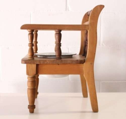 A rare antique Edwardian hand made wooden child's "potty seat" with enamelled potty Lifespace Sale