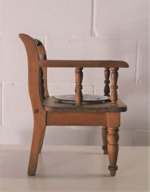 A rare antique Edwardian hand made wooden child's "potty seat" with enamelled potty Lifespace Sale
