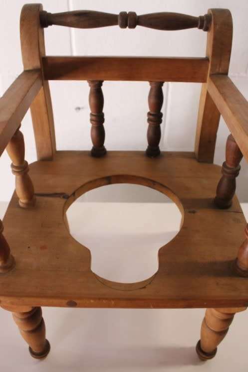 A rare antique Edwardian hand made wooden child's "potty seat" with enamelled potty Lifespace Sale