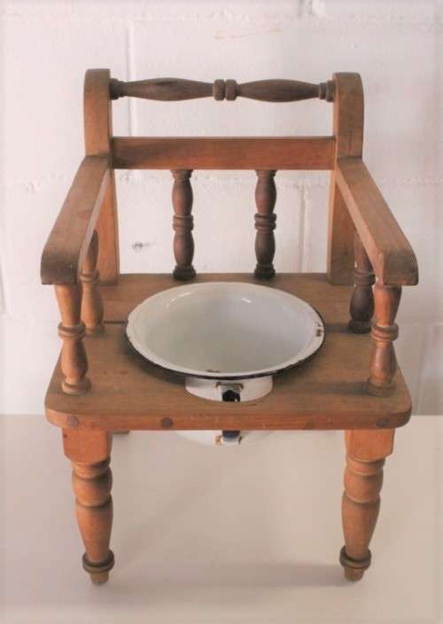A rare antique Edwardian hand made wooden child's "potty seat" with enamelled potty Lifespace Sale