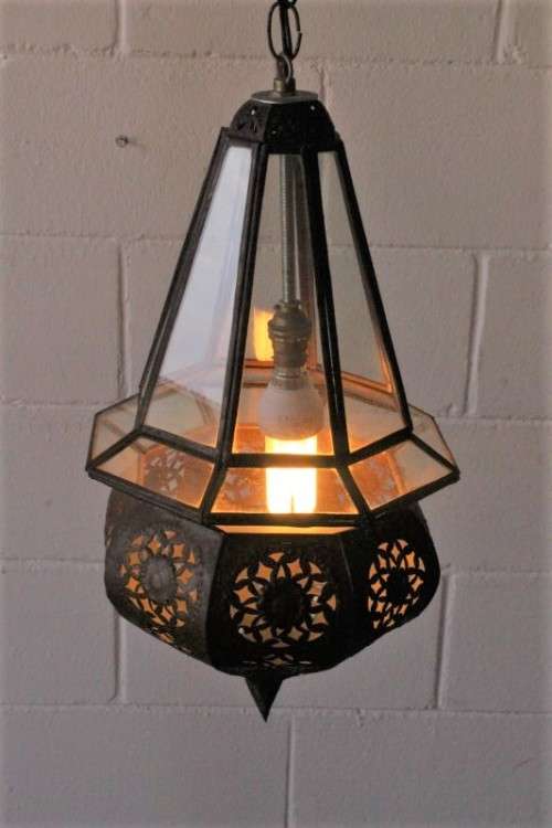 A stunning 50cm high Moroccan/ North African handmade ceiling light with clear glass panels
