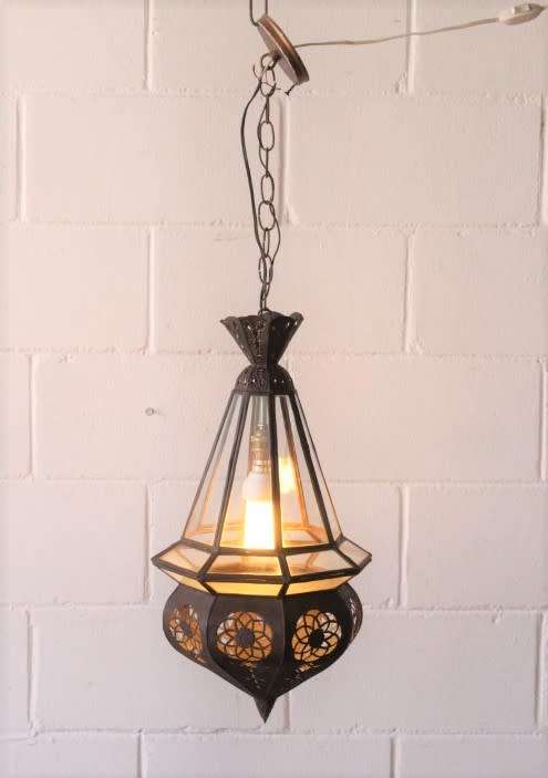 A superb 55cm high Moroccan/ North African handmade ceiling light with clear glass panels
