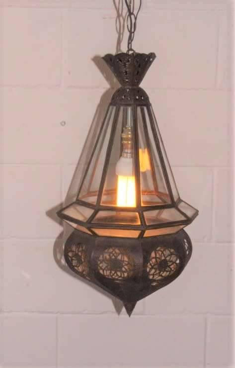 A superb 55cm high Moroccan/ North African handmade ceiling light with clear glass panels