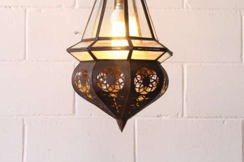 A superb 55cm high Moroccan/ North African handmade ceiling light with clear glass panels
