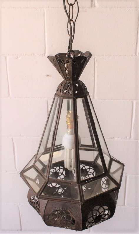A superb 55cm high Moroccan/ North African handmade ceiling light with clear glass panels