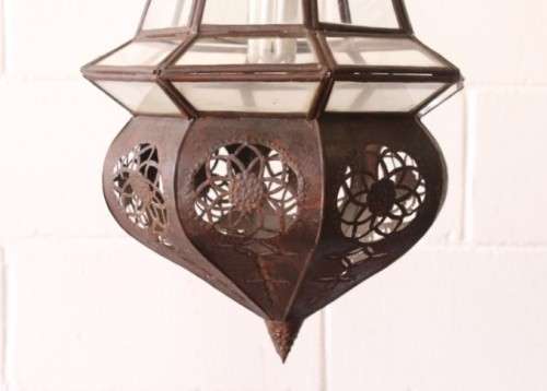 A superb 55cm high Moroccan/ North African handmade ceiling light with clear glass panels