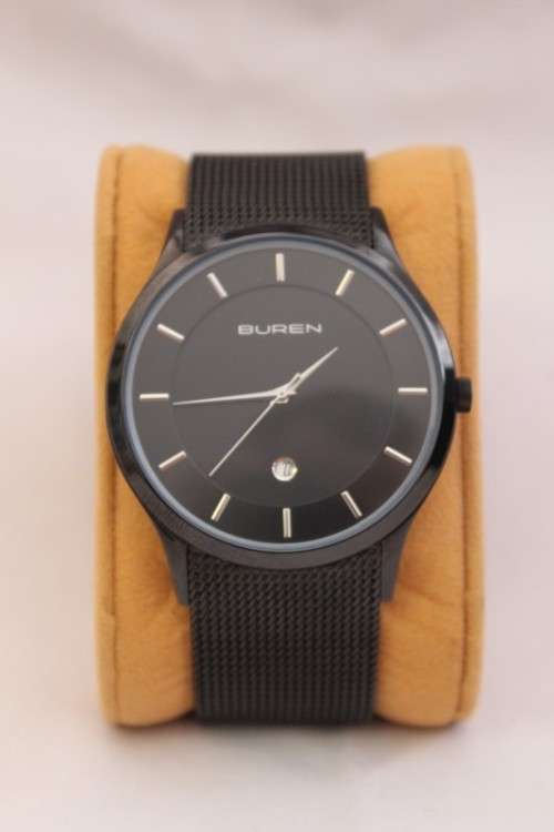 A stylish black Buren all stainless steel men's watch with an adjustable black mesh strap
