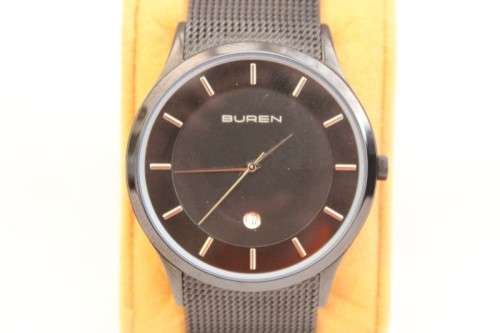 A stylish black Buren all stainless steel men's watch with an adjustable black mesh strap