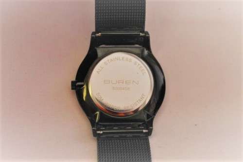 A stylish black Buren all stainless steel men's watch with an adjustable black mesh strap