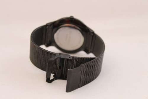 A stylish black Buren all stainless steel men's watch with an adjustable black mesh strap