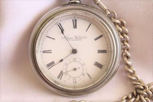 An awesome Swiss made silver plated 7-Jewel enamel face Nirvana pocket watch and fob chain