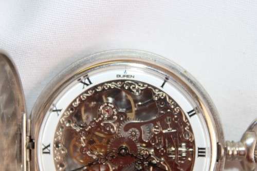 A stunning modern brushed steel Buren "skeleton" full hunter pocket watch with a fob chain