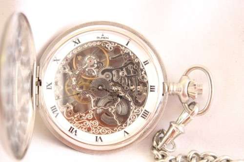 A stunning modern brushed steel Buren "skeleton" full hunter pocket watch with a fob chain