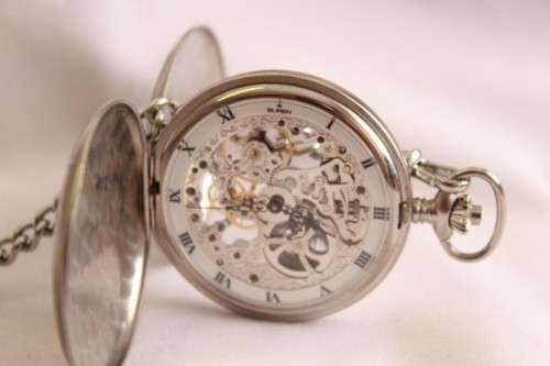 A stunning modern brushed steel Buren "skeleton" full hunter pocket watch with a fob chain