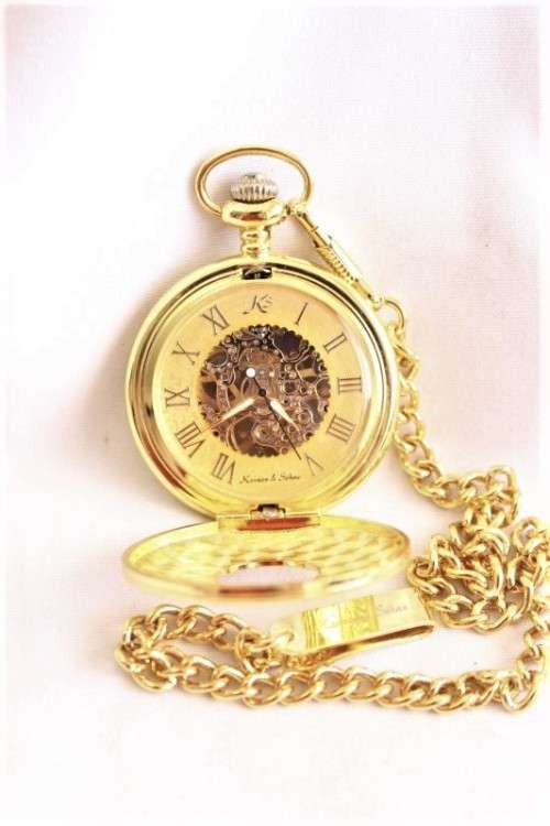 A stunning gold plated German made Kronen & Sohne pocket watch with a fob chain in its original box