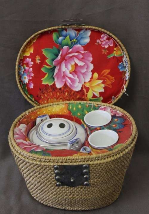 A gorgeous blue fish themed Antique Chinese tea set in padded rattan warming basket. Lifespace Sale