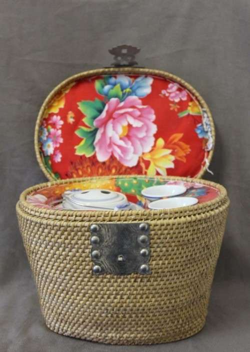 A gorgeous blue fish themed Antique Chinese tea set in padded rattan warming basket. Lifespace Sale