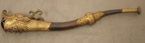 An amazing antique Buddhist Tibetan Dbang Dang dragon head ceremonial prayer horn.