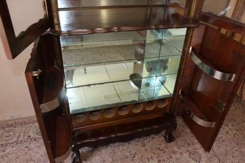 An exquisite vintage Imbuia ball & claw drinks cabinet w glass doors & double door bottom cupboard