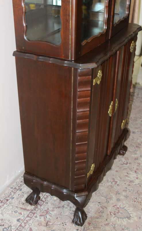 An exquisite vintage Imbuia ball & claw drinks cabinet w glass doors & double door bottom cupboard