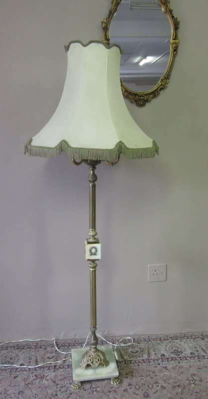 A gorgeous vintage brass & marble floor standing lamp w/ a beautiful large Victorian style shade.