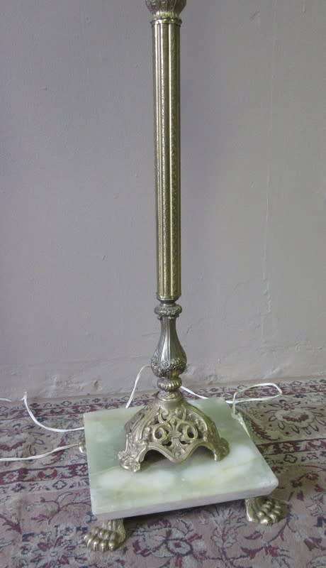 A gorgeous vintage brass & marble floor standing lamp w/ a beautiful large Victorian style shade.