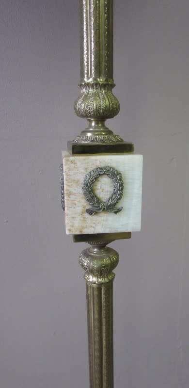 A gorgeous vintage brass & marble floor standing lamp w/ a beautiful large Victorian style shade.