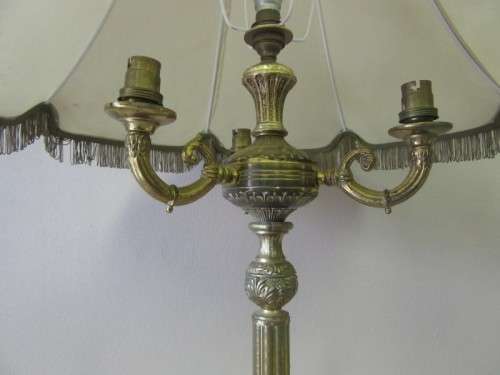 A gorgeous vintage brass & marble floor standing lamp w/ a beautiful large Victorian style shade.
