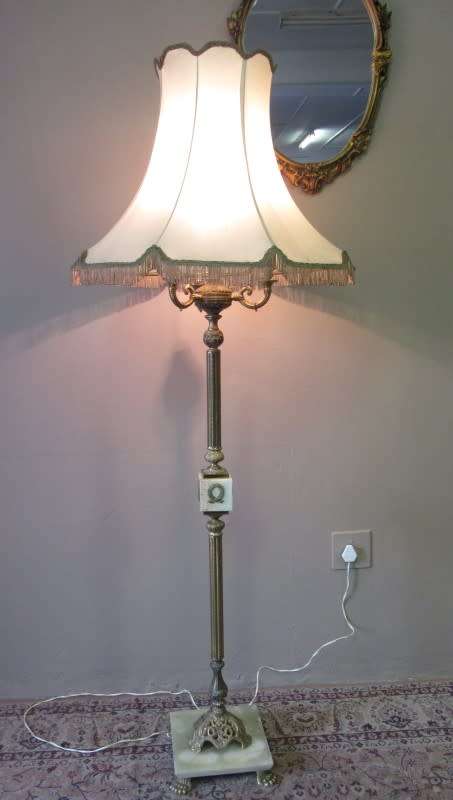 A gorgeous vintage brass & marble floor standing lamp w/ a beautiful large Victorian style shade.