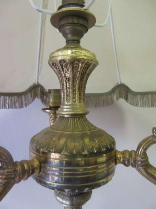 A gorgeous vintage brass & marble floor standing lamp w/ a beautiful large Victorian style shade.