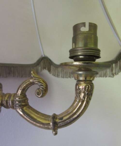 A gorgeous vintage brass & marble floor standing lamp w/ a beautiful large Victorian style shade.