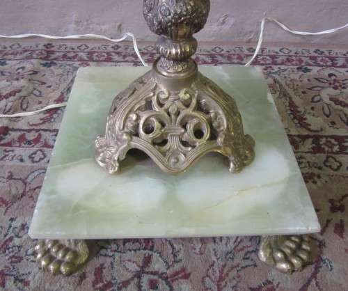 A gorgeous vintage brass & marble floor standing lamp w/ a beautiful large Victorian style shade.