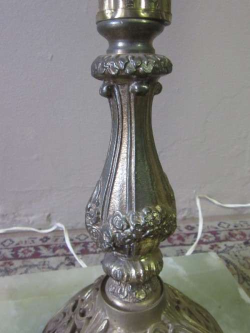A gorgeous vintage brass & marble floor standing lamp w/ a beautiful large Victorian style shade.