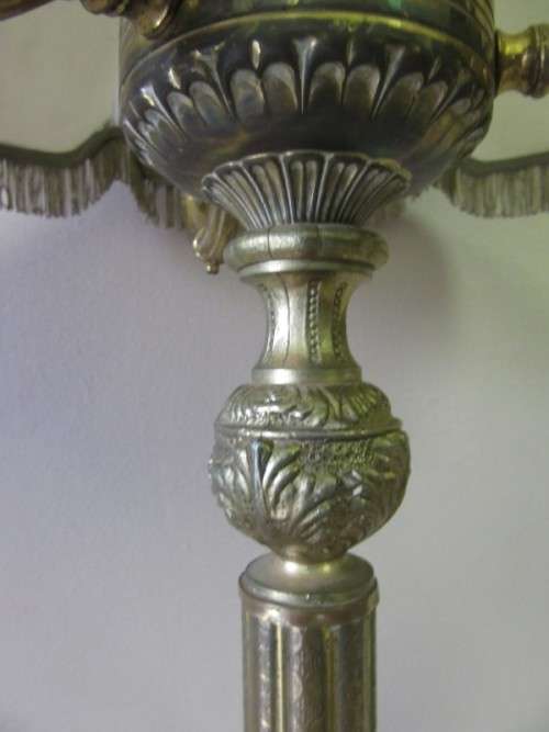 A gorgeous vintage brass & marble floor standing lamp w/ a beautiful large Victorian style shade.