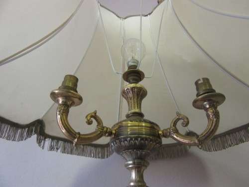 A gorgeous vintage brass & marble floor standing lamp w/ a beautiful large Victorian style shade.