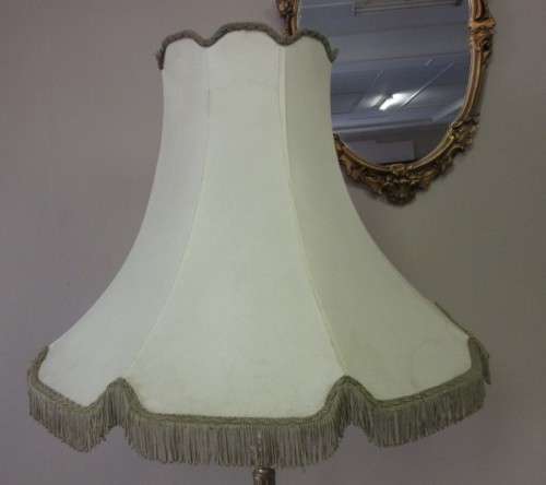 A gorgeous vintage brass & marble floor standing lamp w/ a beautiful large Victorian style shade.