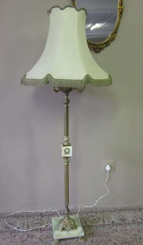 A gorgeous vintage brass & marble floor standing lamp w/ a beautiful large Victorian style shade.