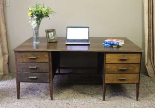 A beautiful large vintage six drawer Partridge wood desk with a large work surface. Wow!!!!