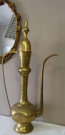 A beautiful large vintage solid brass Aftaba with ornate hand chased detailing. Fabulous!!!!