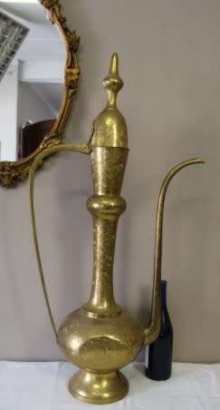 A beautiful large vintage solid brass Aftaba with ornate hand chased detailing. Fabulous!!!!
